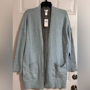 NWT J Jill Reversible Sweater L Petite Cardigan Open Front Gray Blue Long Sleeve
